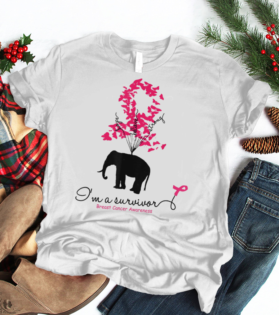 I'm A Survivor Breast Cancer Awareness Pink Ribbon Butterfly Elephant T-Shirt