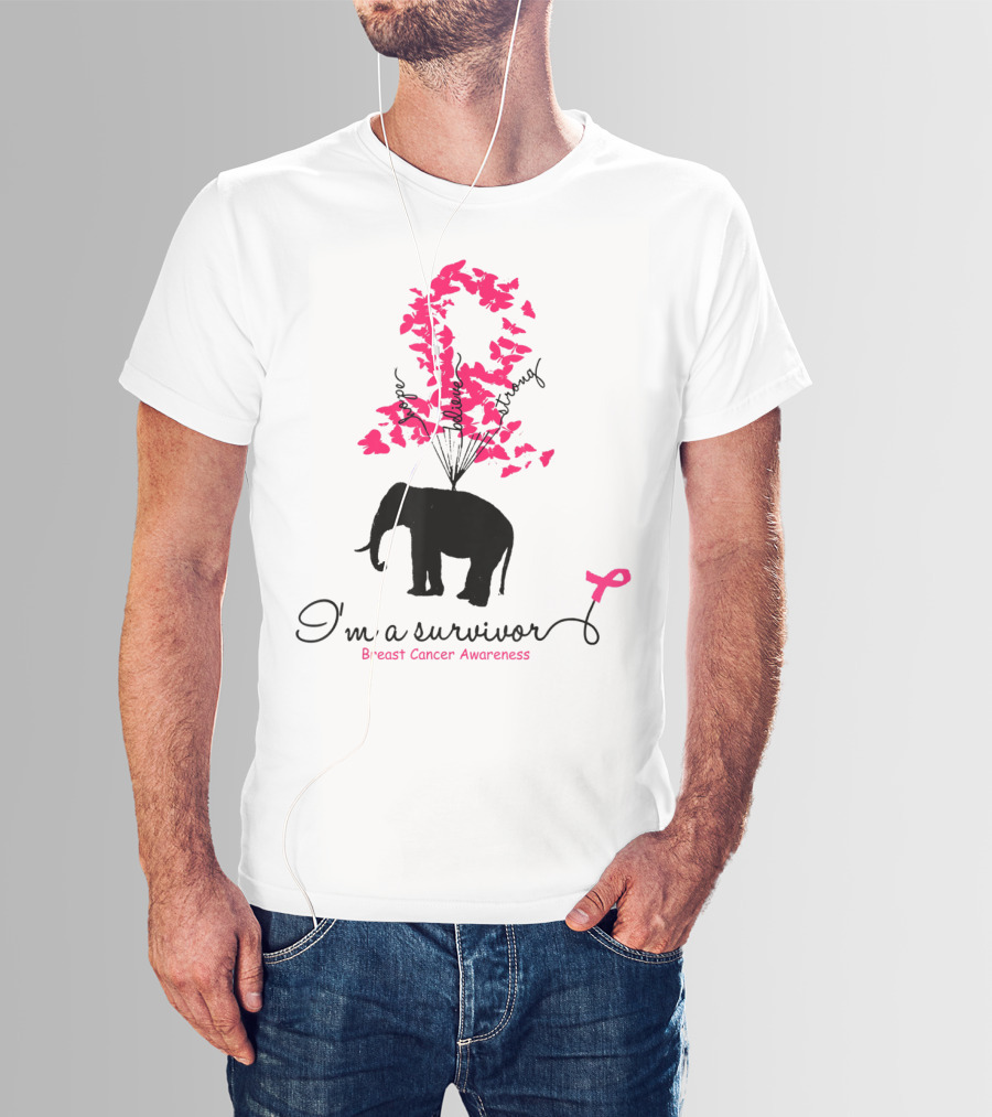 I'm A Survivor Breast Cancer Awareness Pink Ribbon Butterfly Elephant T-Shirt