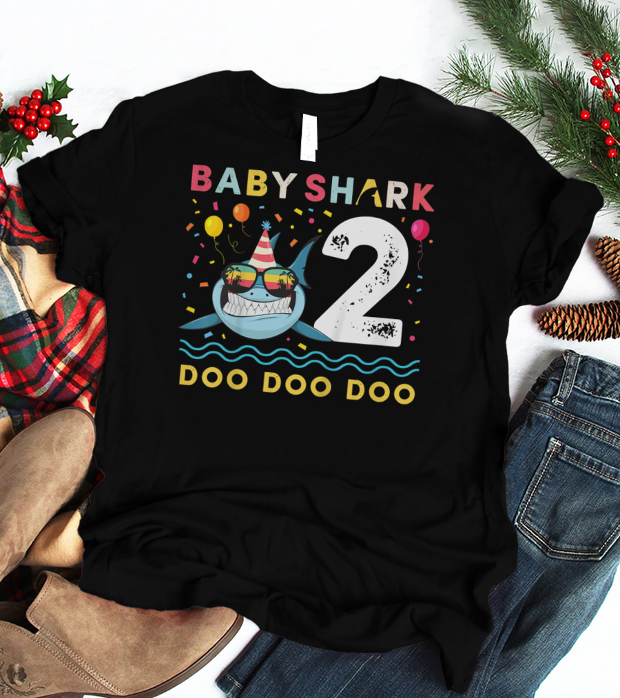 Baby Shark 2nd Birthday Doo Doo Doo Toddler Kids Party Hat Balloons T-Shirt