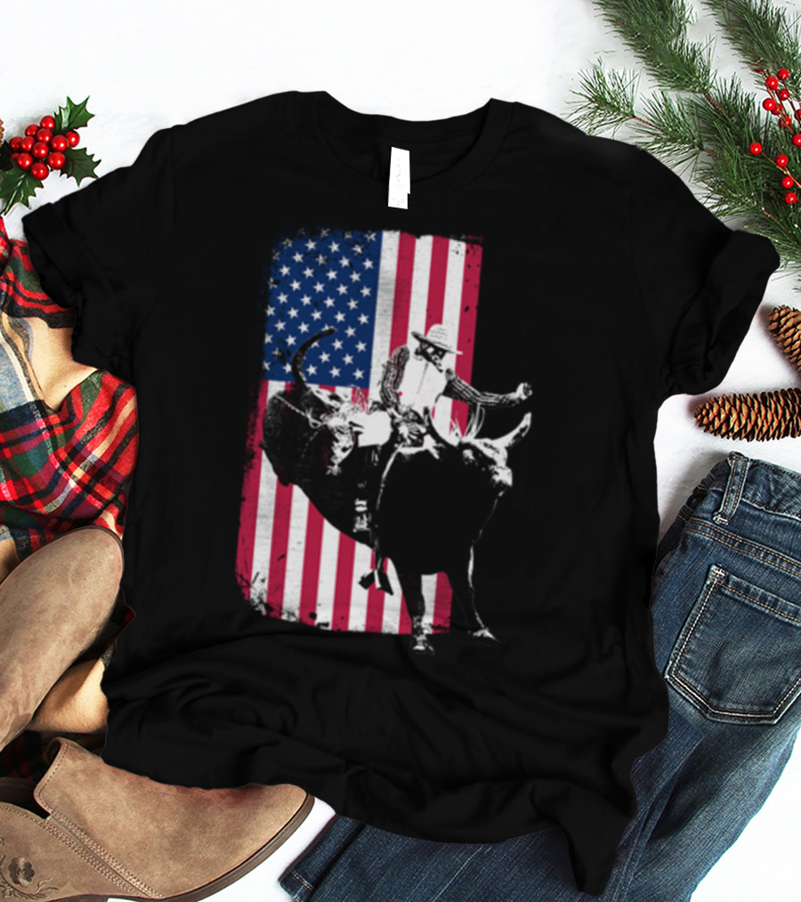 Rodeo Bull Rider American Flag Cowboy Patriot T-Shirt