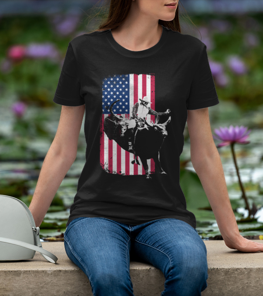 Rodeo Bull Rider American Flag Cowboy Patriot T-Shirt