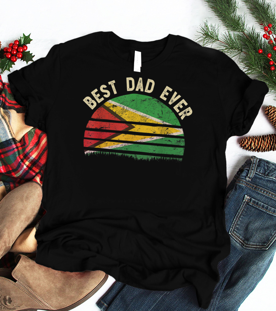 Best Dad Ever Guyana Vintage Flag Round T-Shirt