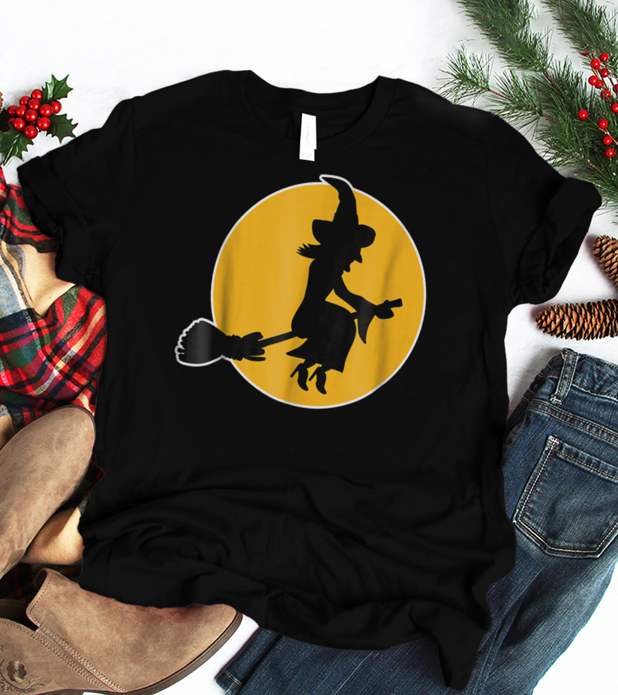 Witch Silhouette Flying Over Yellow Moon T-Shirt