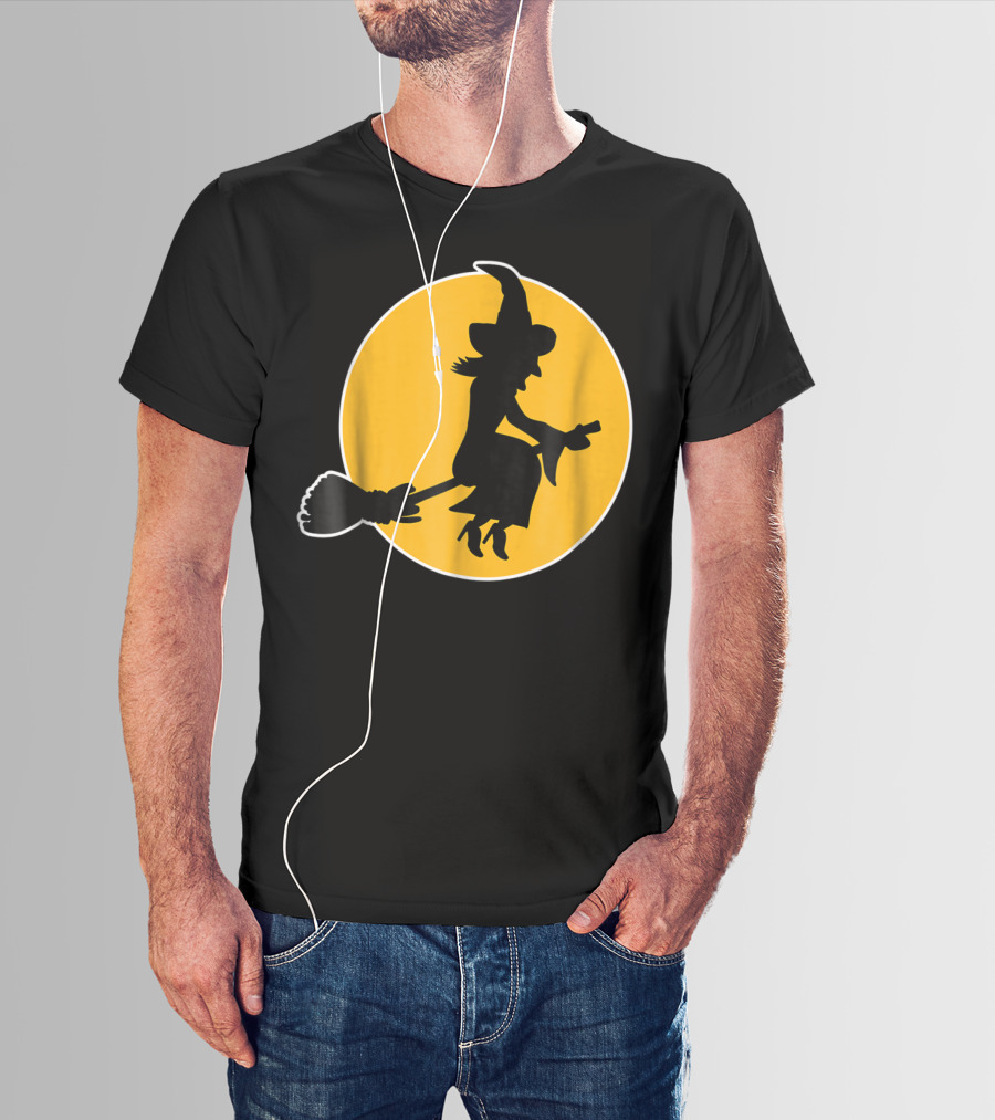 Witch Silhouette Flying Over Yellow Moon T-Shirt