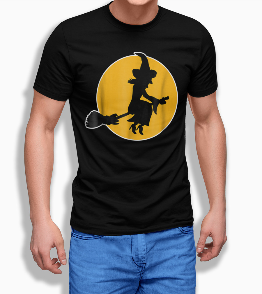 Witch Silhouette Flying Over Yellow Moon T-Shirt