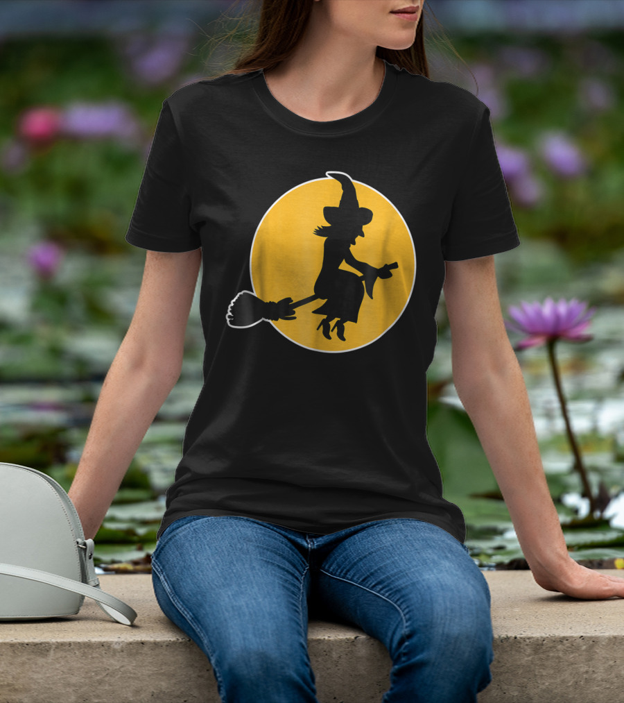 Witch Silhouette Flying Over Yellow Moon T-Shirt