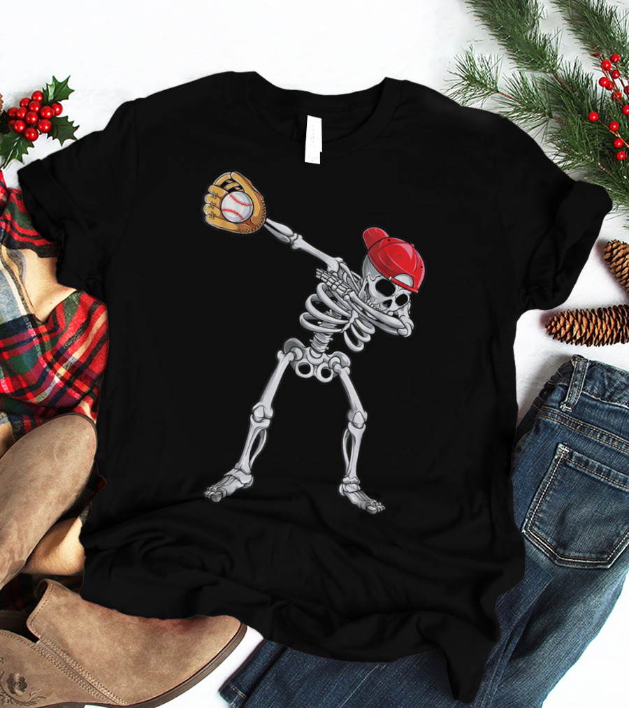 Dabbing Skeleton With Baseball Glove And Cap T-Shirt