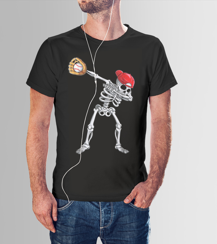Dabbing Skeleton With Baseball Glove And Cap T-Shirt