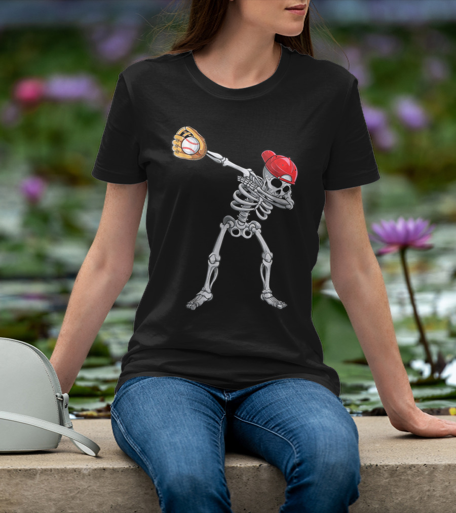 Dabbing Skeleton With Baseball Glove And Cap T-Shirt