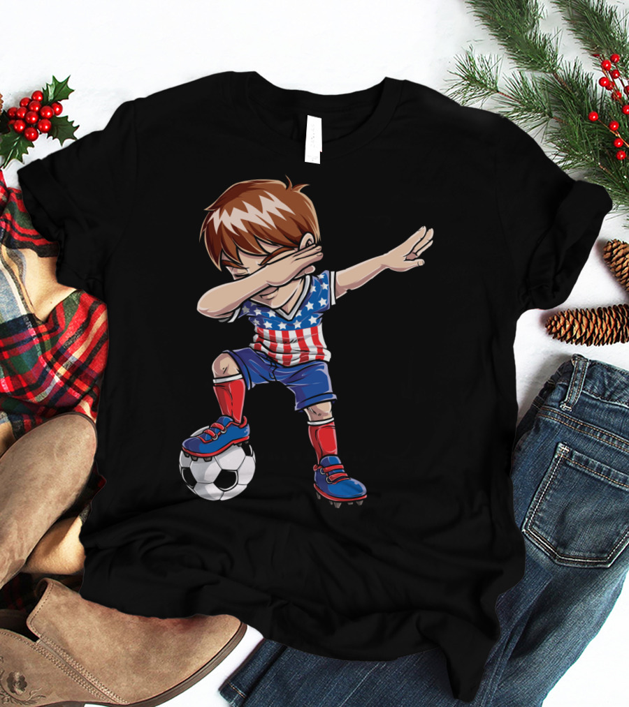 Dabbing Boy With Soccer Ball In American Flag Jersey T-Shirt