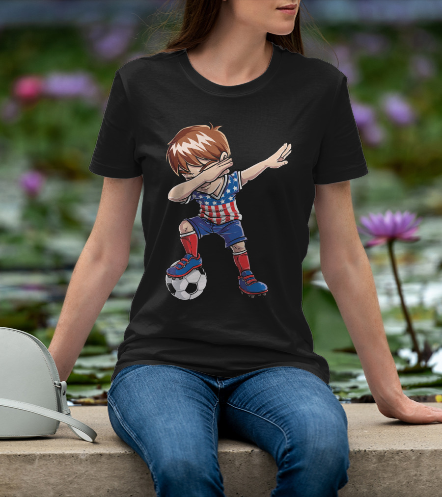 Dabbing Boy With Soccer Ball In American Flag Jersey T-Shirt