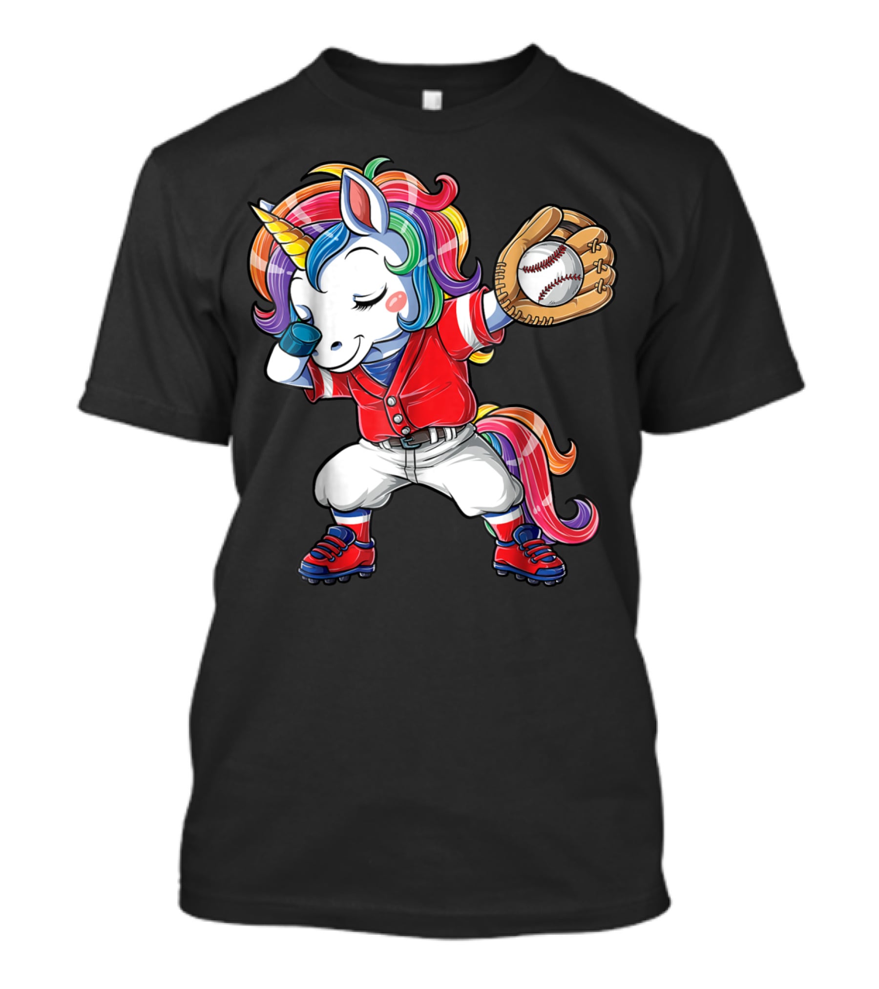Dabbing Unicorn In Rainbow Baseball Outfit Holding Ball T-Shirt