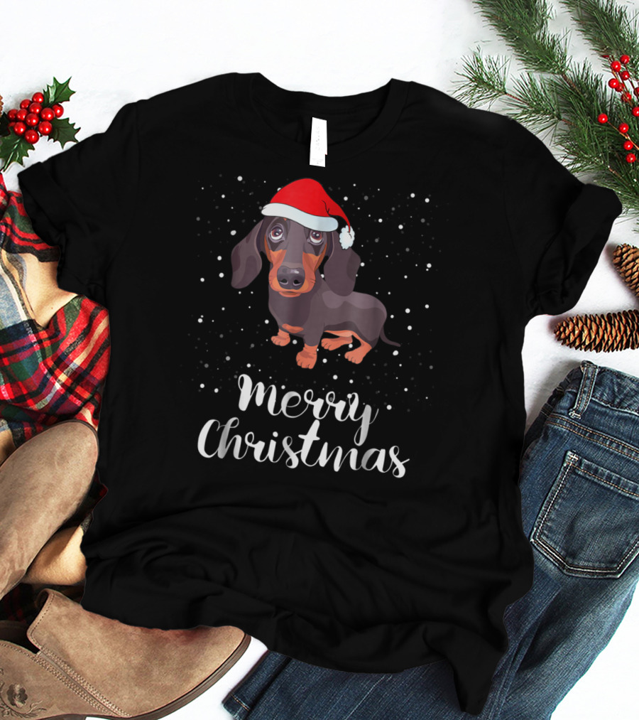 Merry Christmas Dachshund Santa Hat Family Matching Group T-Shirt