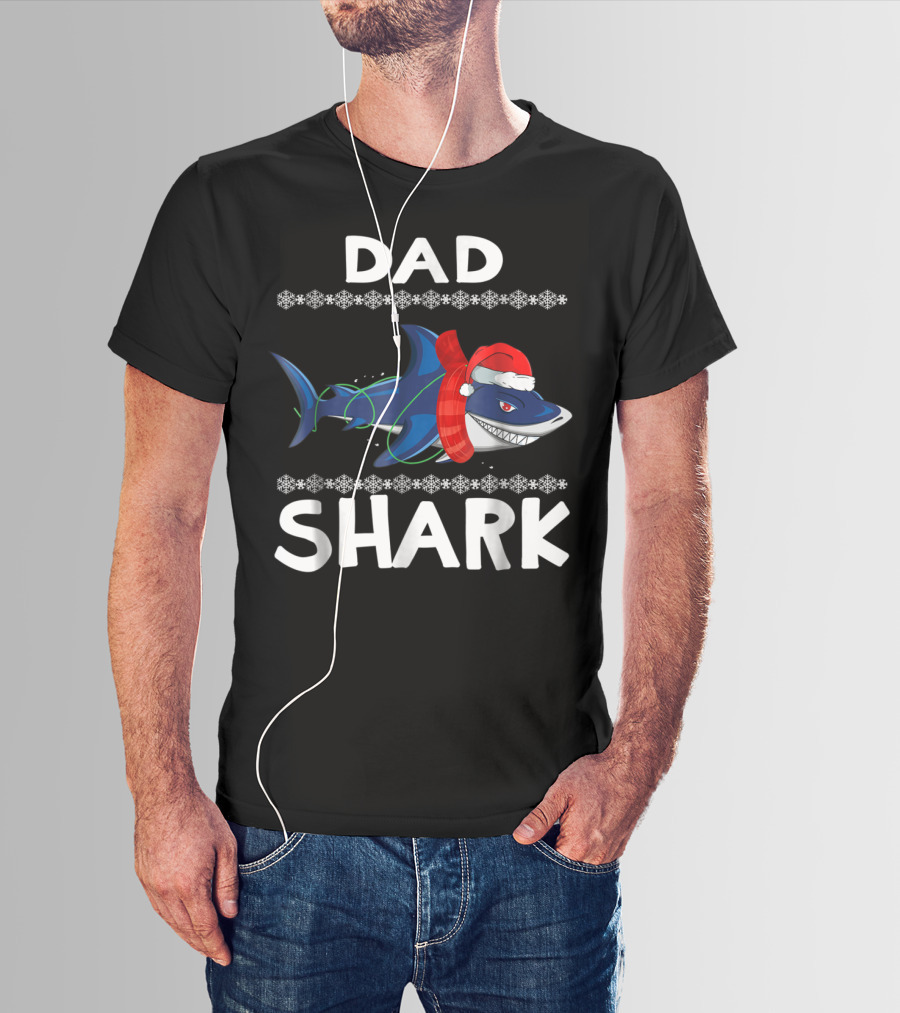 Dad Shark Christmas Family Santa Hat Snowflakes T-Shirt