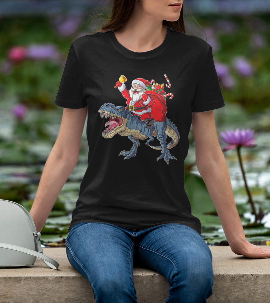 Santa Claus Riding Dinosaur With Bell And Holiday Gifts Christmas Boys Santa Rex Kids Xmas T3 T-Shirt
