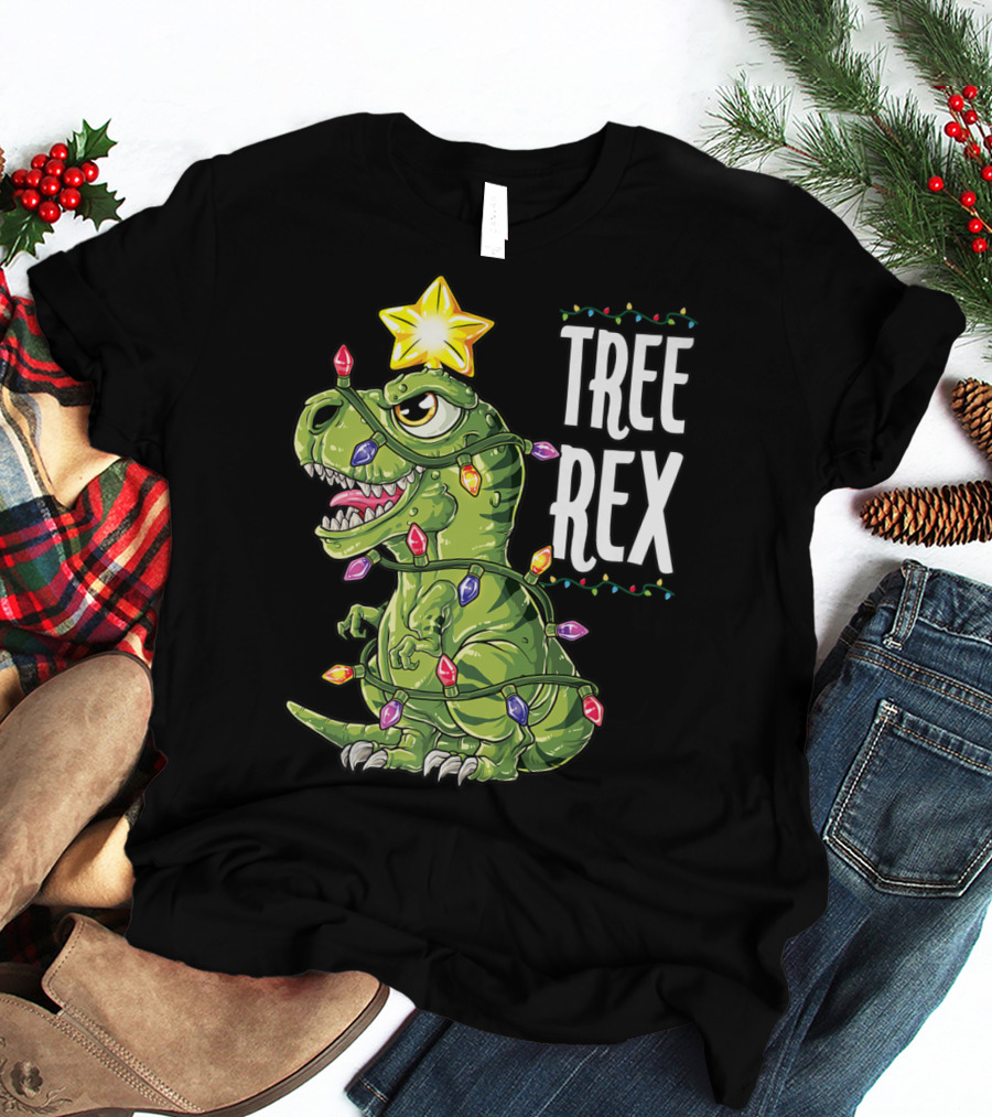 Tree Rex Dinosaur Christmas Lights And Star T-Shirt