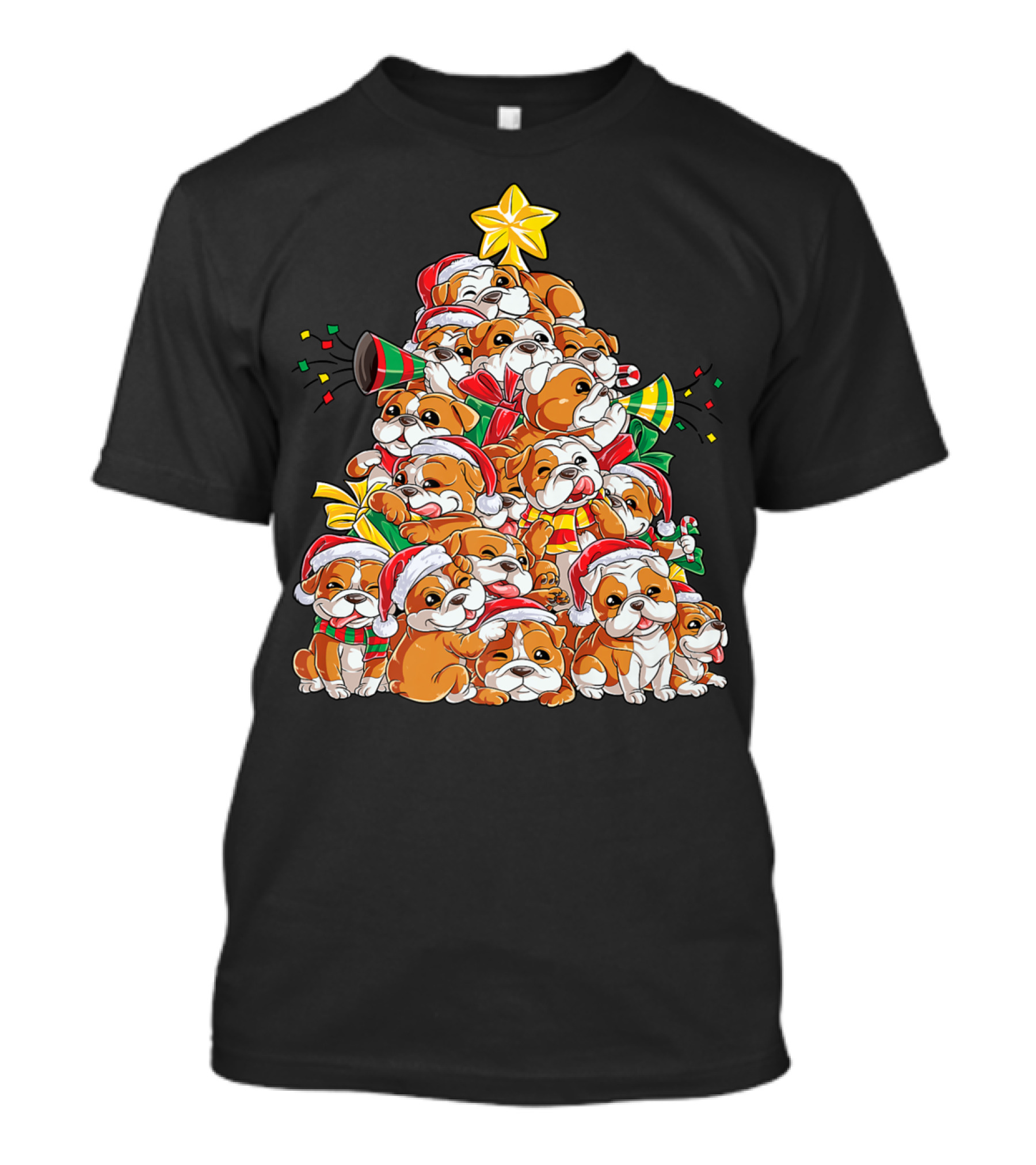 English Bulldog Xmas Tree Boys With Santa Hats And Christmas Cheer T-Shirt