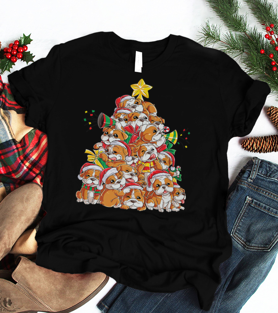 English Bulldog Xmas Tree Boys With Santa Hats And Christmas Cheer T-Shirt