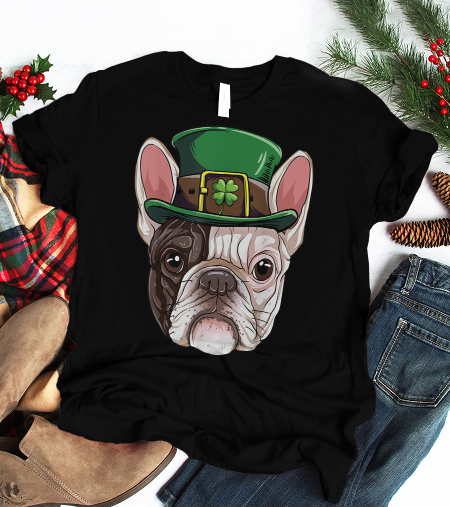 French Bulldog Leprechaun St Patricks Day Dog Wearing Green Hat With Shamrock T-Shirt