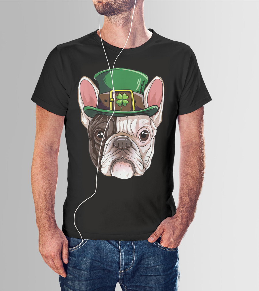 French Bulldog Leprechaun St Patricks Day Dog Wearing Green Hat With Shamrock T-Shirt