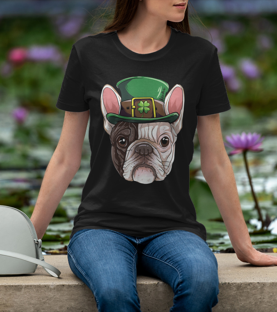 French Bulldog Leprechaun St Patricks Day Dog Wearing Green Hat With Shamrock T-Shirt