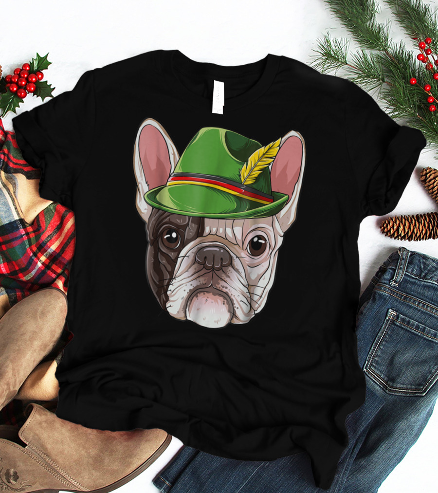 French Bulldog In Green Oktoberfest Hat With Feather T-Shirt