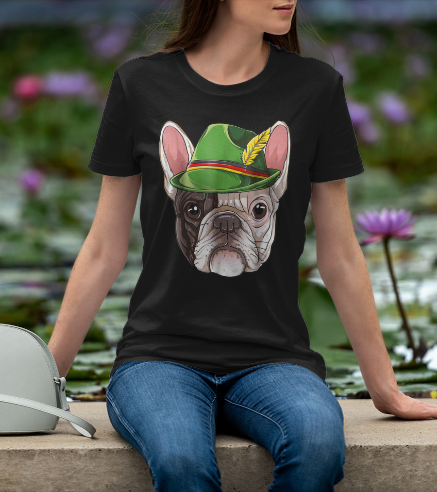 French Bulldog In Green Oktoberfest Hat With Feather T-Shirt
