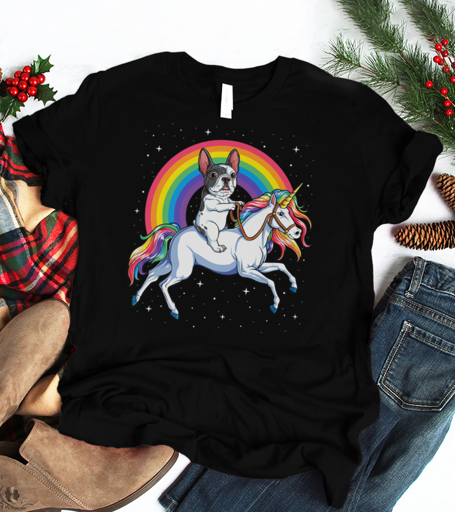 French Bulldog Riding Unicorn Rainbow Space Galaxy T-Shirt