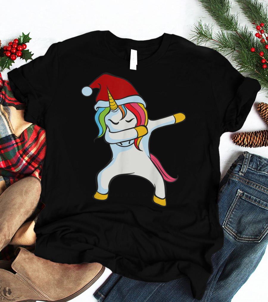 Santa Hat Dabbing Unicorn Christmas Magic T-Shirt
