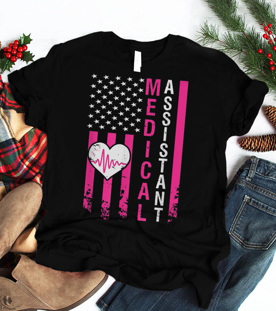 Medical Assistant Heartbeat American Flag T-Shirt