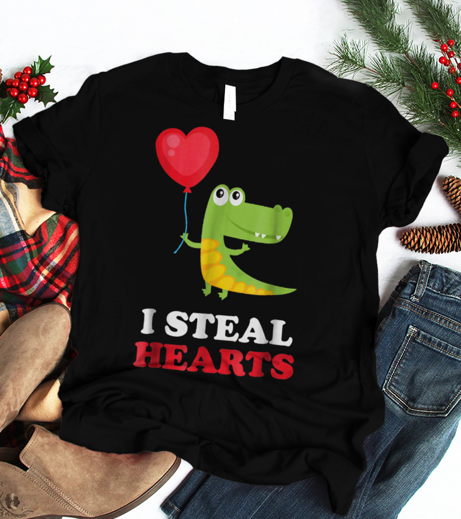 I Steal Hearts Dinosaur Holding Balloon Valentines Day T-Shirt
