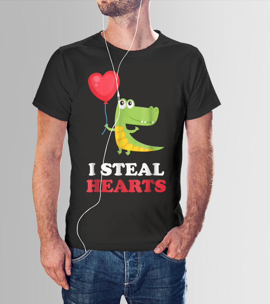 I Steal Hearts Dinosaur Holding Balloon Valentines Day T-Shirt