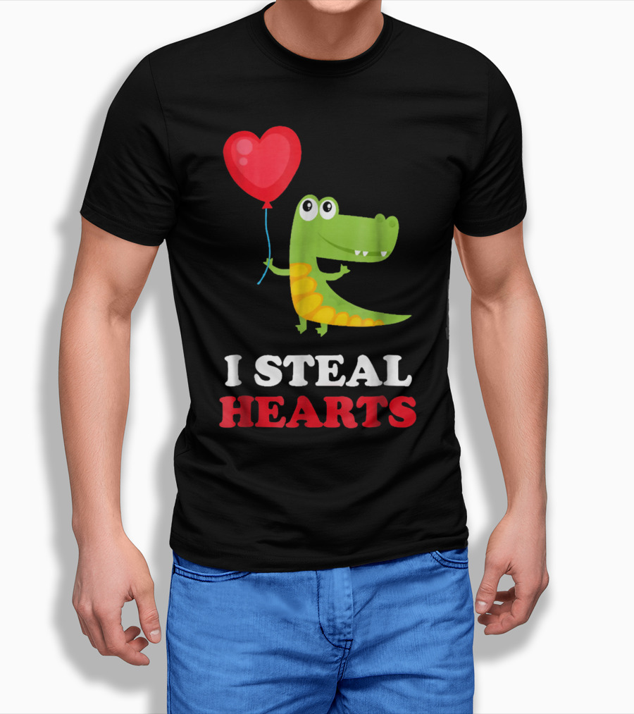 I Steal Hearts Dinosaur Holding Balloon Valentines Day T-Shirt
