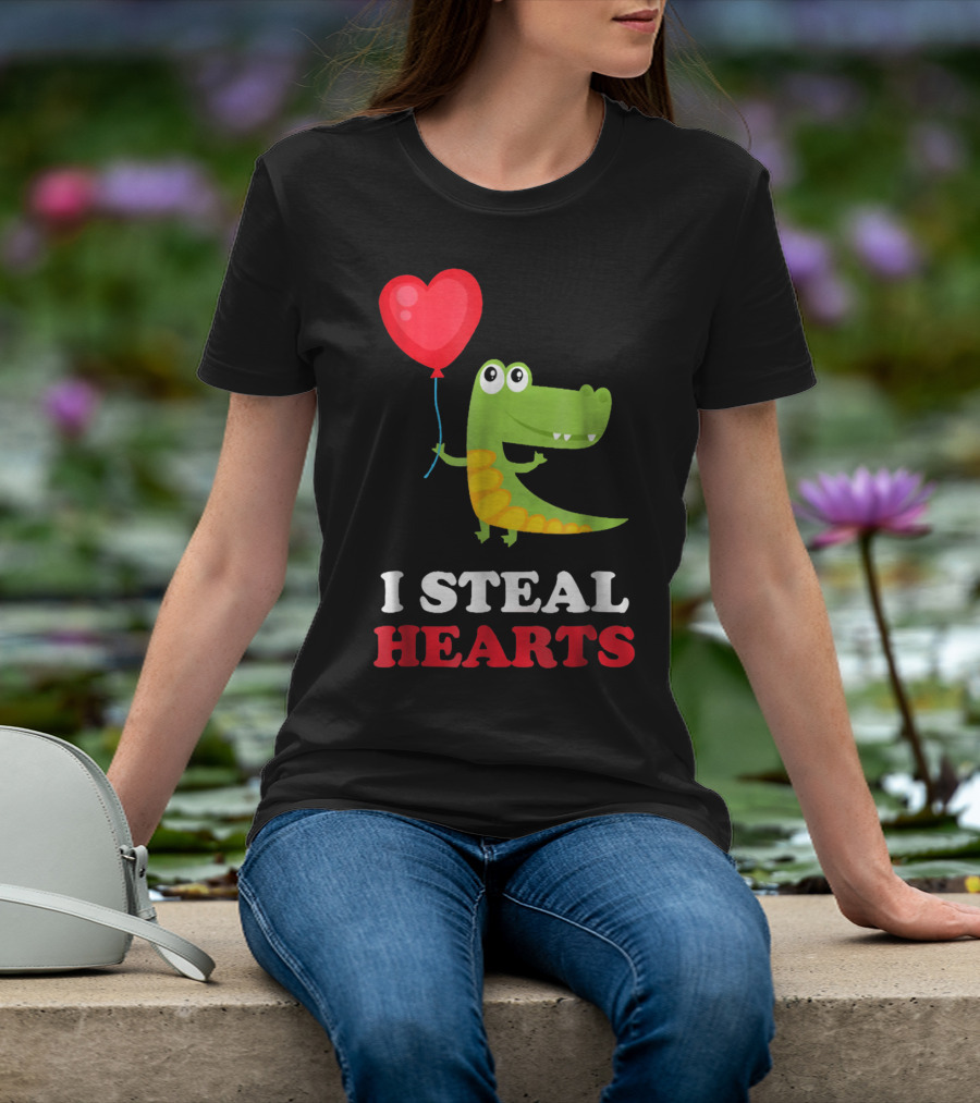 I Steal Hearts Dinosaur Holding Balloon Valentines Day T-Shirt
