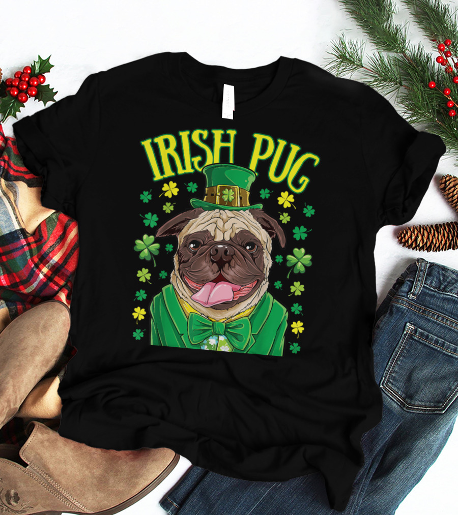 Irish Pug Leprechaun St Patricks Day Boys Dog Shamrock Hat Bow Tie T-Shirt