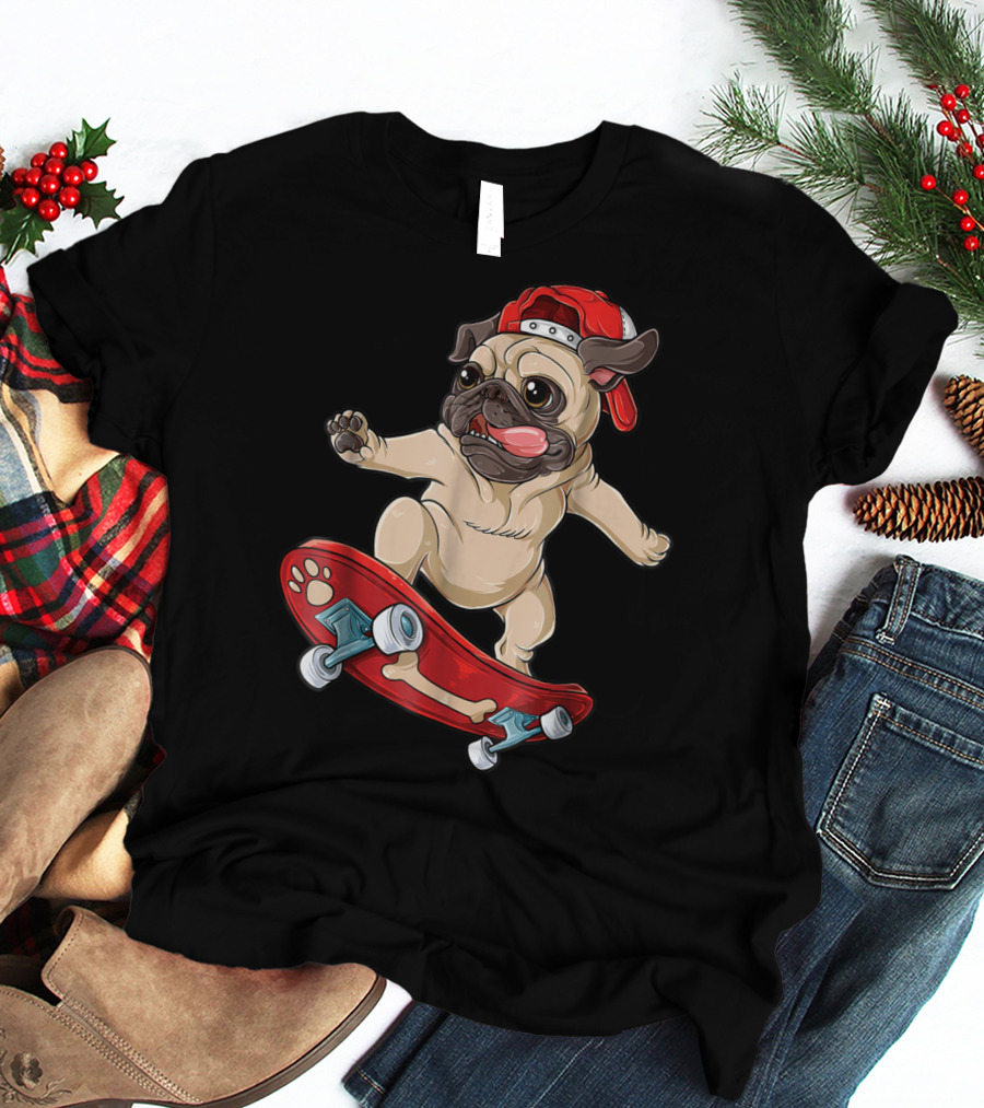 Pug Puppy Skater With Red Hat And Paw Print Skateboard T-Shirt