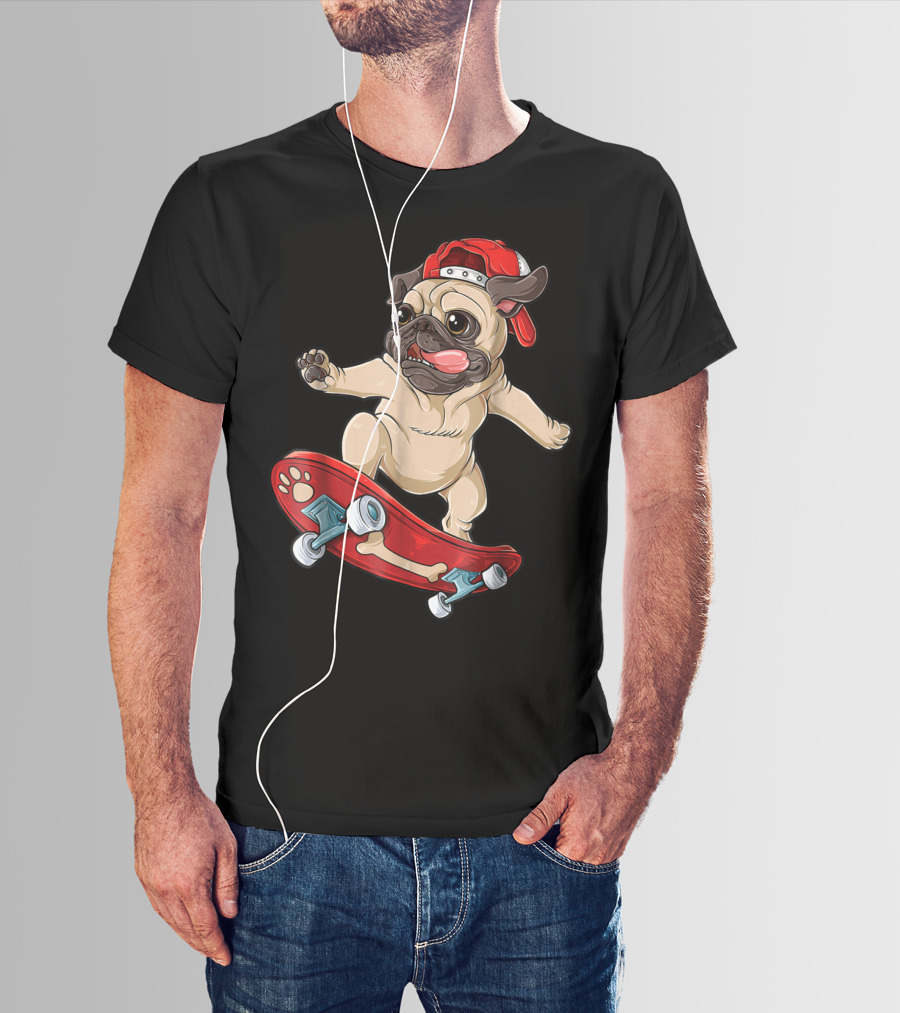 Pug Puppy Skater With Red Hat And Paw Print Skateboard T-Shirt
