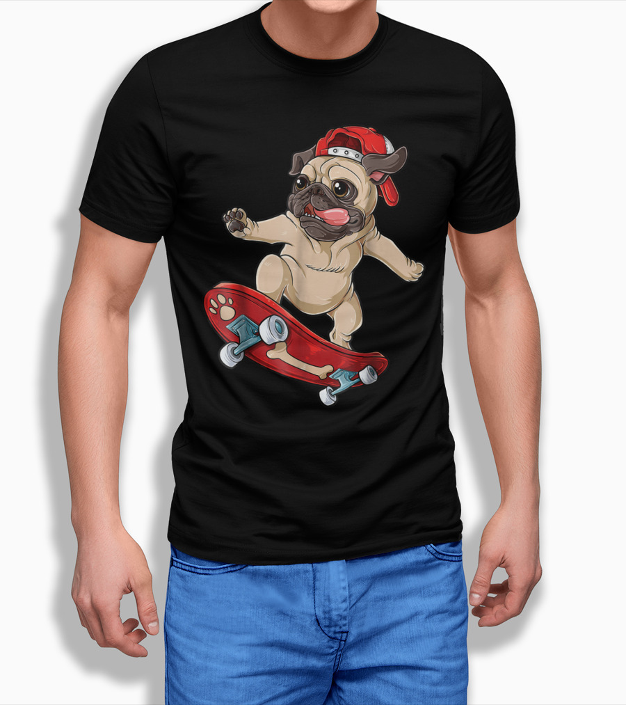 Pug Puppy Skater With Red Hat And Paw Print Skateboard T-Shirt