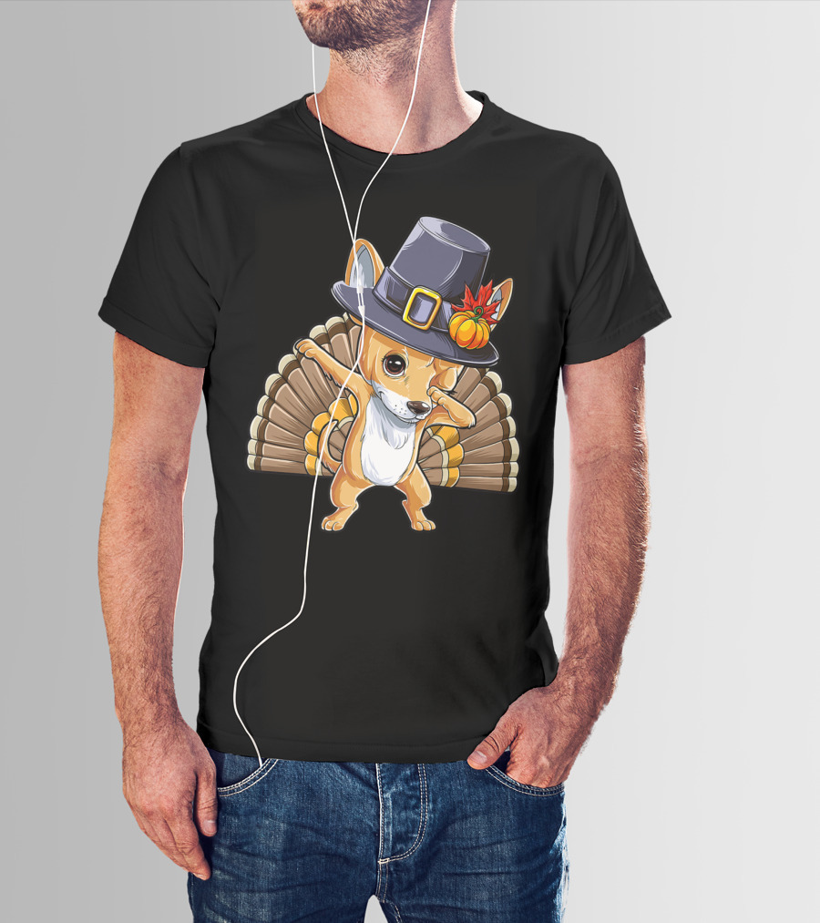 Thanksgiving Dabbing Chihuahua Pilgrim Hat Turkey Feathers T-Shirt