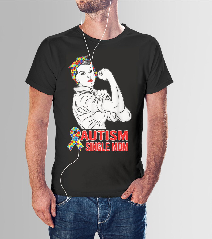 Autism Single Mom Unbreakable Awareness Rosie The Riveter Puzzle T-Shirt