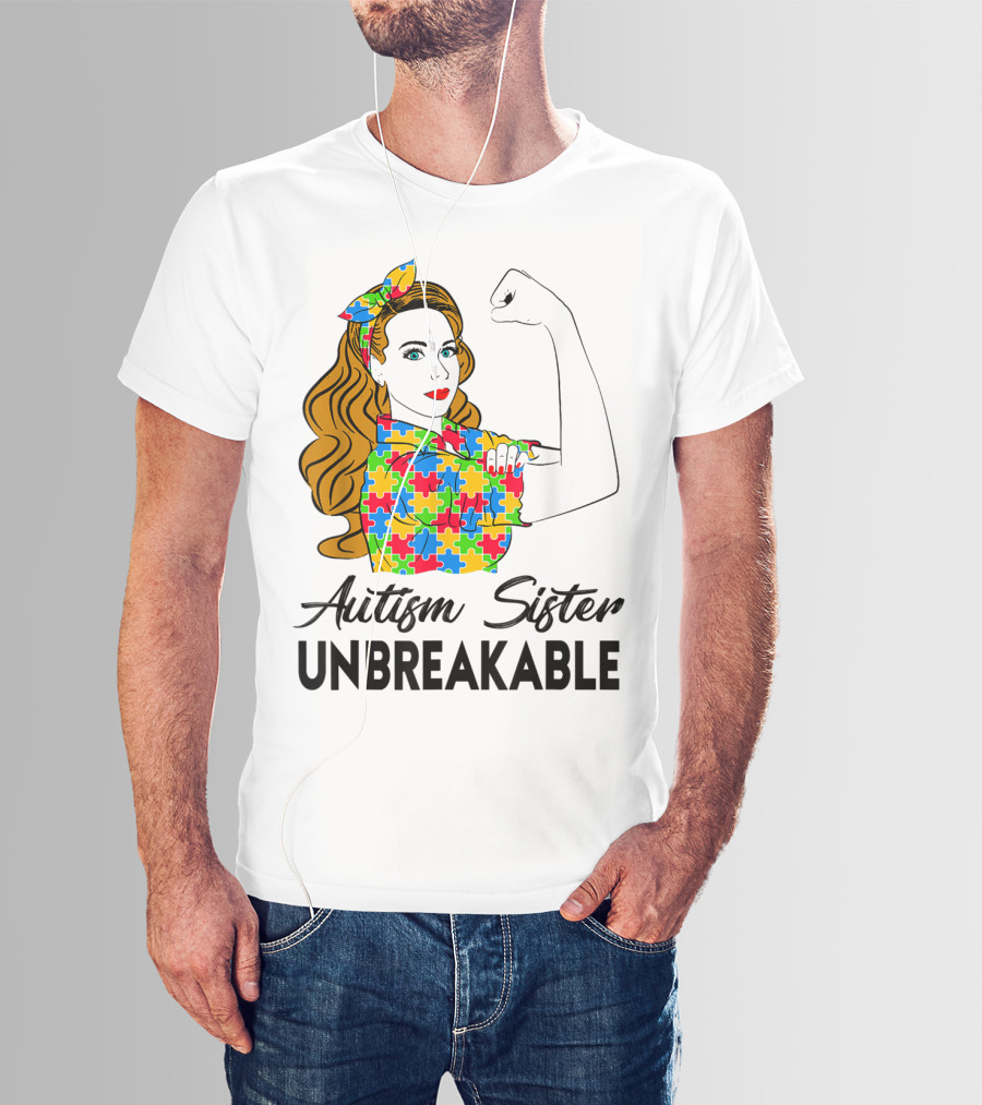 Autism Sister Unbreakable Autism Awareness Puzzle Pattern Rosie The Riveter T-Shirt