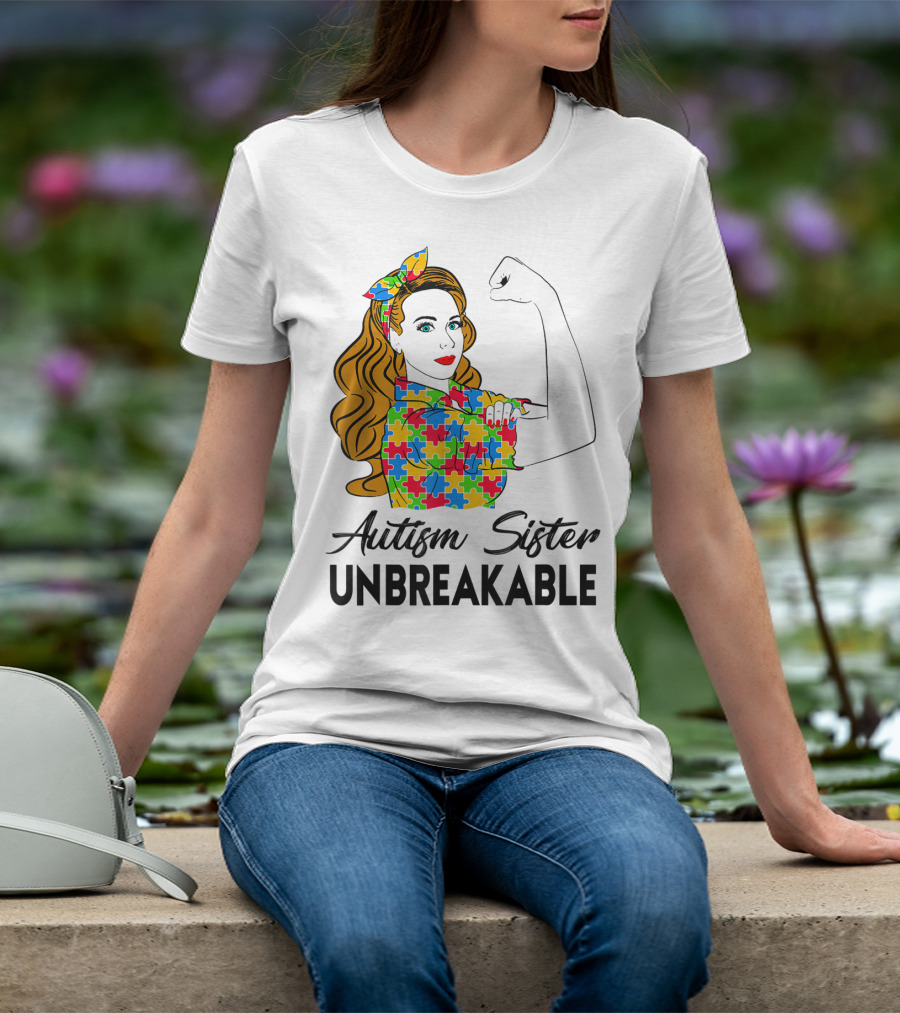 Autism Sister Unbreakable Autism Awareness Puzzle Pattern Rosie The Riveter T-Shirt