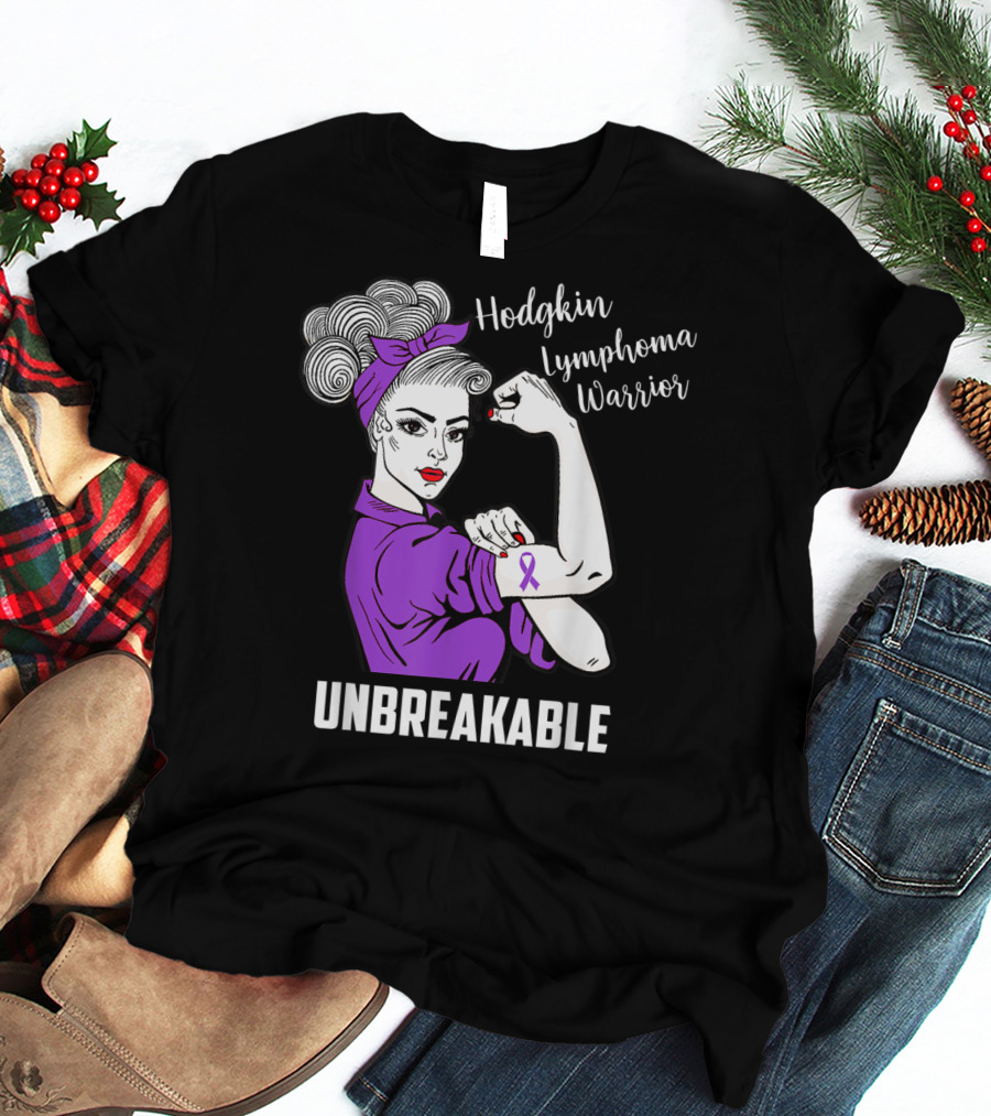 Hodgkin Lymphoma Warrior Unbreakable Rosie The Riveter Awareness T-Shirt