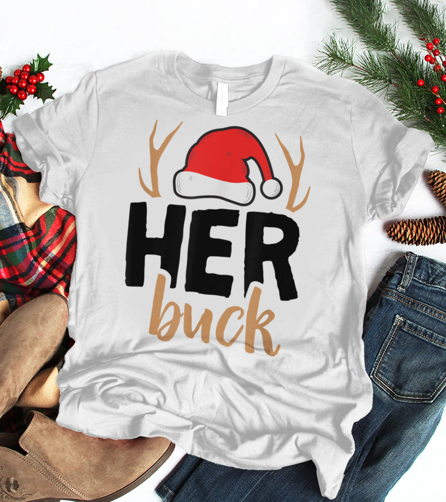 Her Buck Christmas Antlers Santa Hat Matching Mens T-Shirt