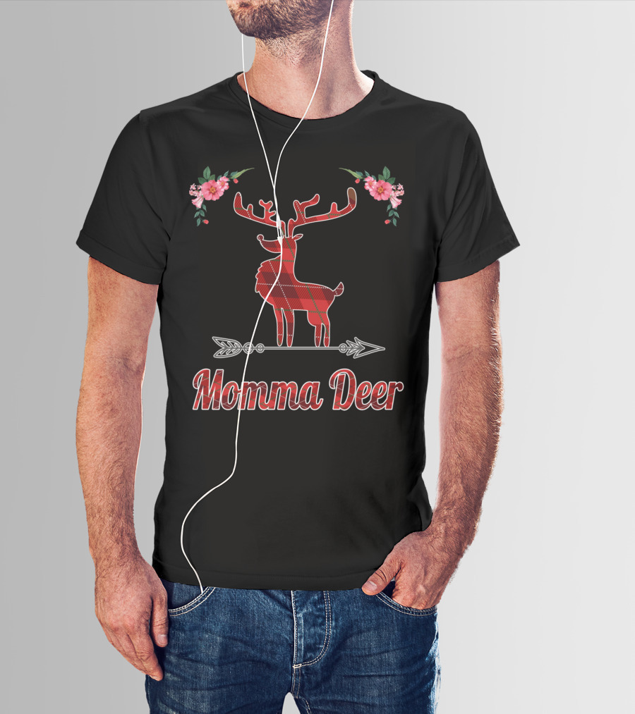 Red Plaid Momma Deer Buffalo Reindeer Floral T-Shirt