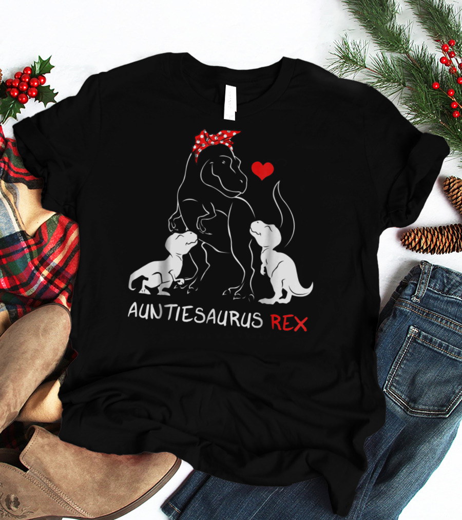 Auntiesaurus Rex Dinosaur With Heart And Red Bow T-Shirt
