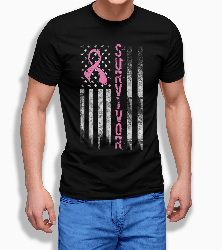 Survivor Pink Ribbon American Flag Breast Cancer Awareness T-Shirt