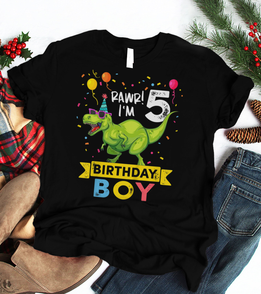 RAWR I'm 5 Birthday Boy Dinosaur Party Hat Balloons And Confetti T-Shirt