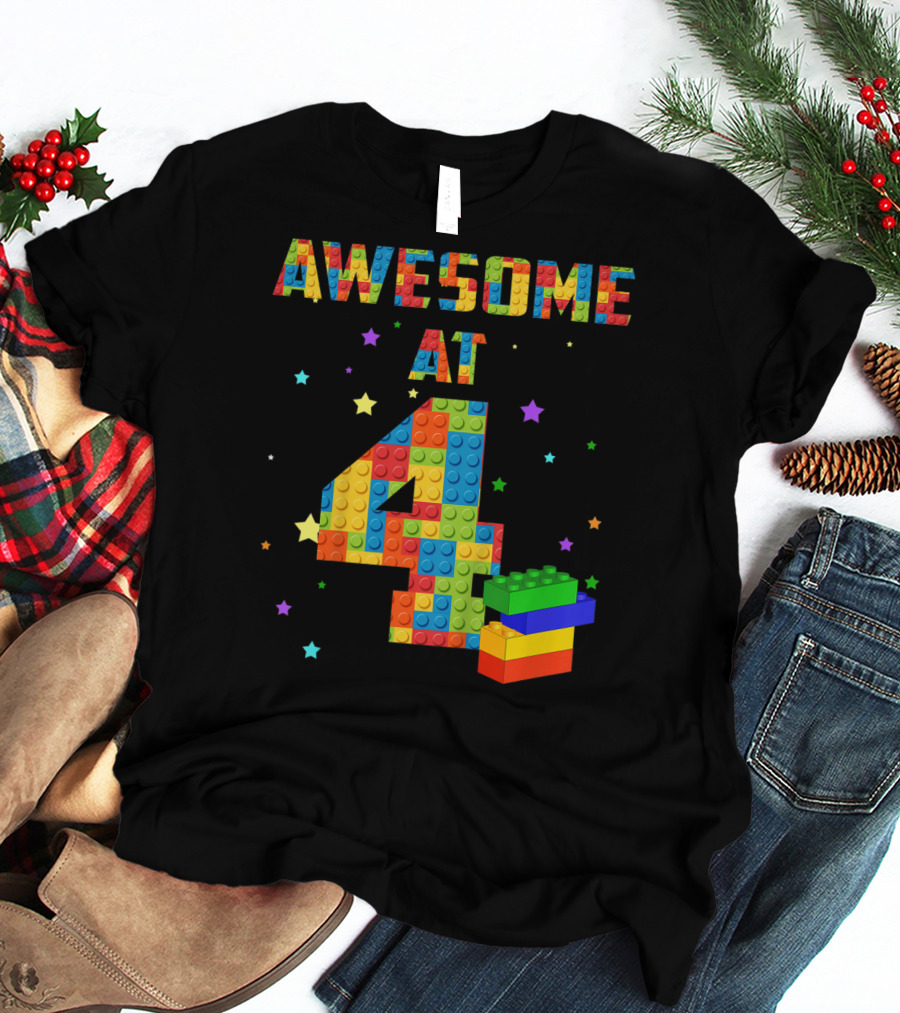 AWESOME AT 4 Building Blocks Kids Birthday T-Shirt