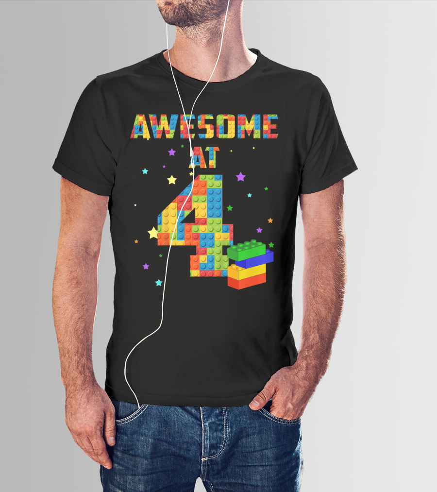 AWESOME AT 4 Building Blocks Kids Birthday T-Shirt
